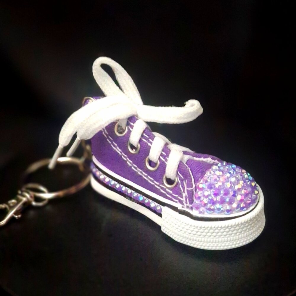 Purple Converse Style Keychain w/ Iridescent Stones, Bling , Bedazzled Bag Charm